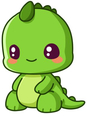 Smiling green baby dino dinosaur sitting in a chibi style