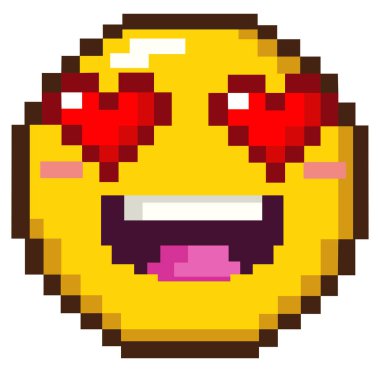 8bit pixel art of an emoji emoticon in love, with heart-shaped eyes