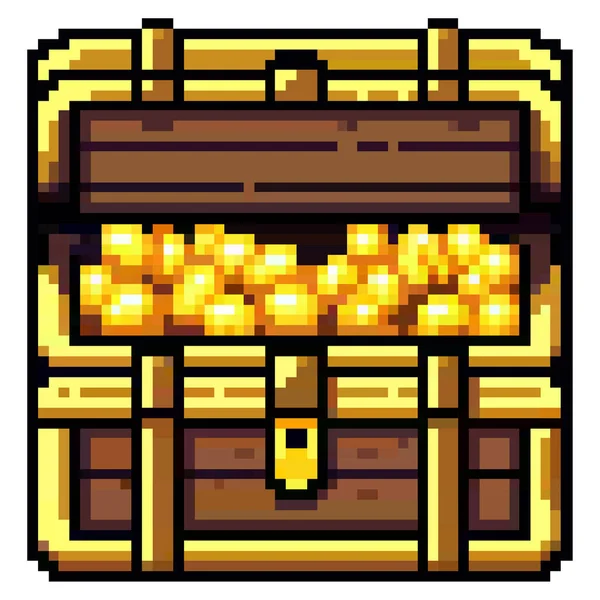 黄金のコインと古い木製の宝箱の8ビットピクセルアート — ストックベクタ