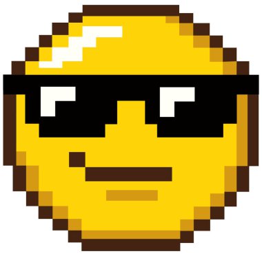 Siyah güneş gözlüğü takan 8bit piksel bir emoji simgesi.