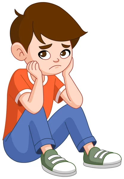 Ein Junge Mit Traurigem Oder Nachdenklichem Gesichtsausdruck Sitzt Auf Dem — Stockvektor