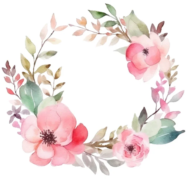 Vector Watercolor Painting Wreath Design Pink Flowers Leaves Hand Painted — Stock Vector
