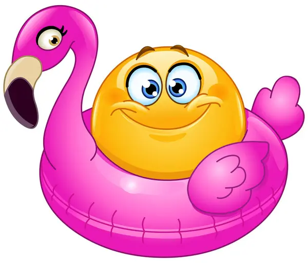 Happy Emoji Emoticon Zittend Een Opblaasbare Roze Flamingo Ring Stockillustratie