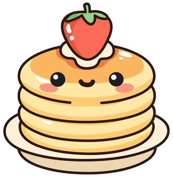 Happy Pancake Stack Φράουλες Και Κρέμα Από Πάνω Στυλ Kawaii Διανυσματικά Γραφικά