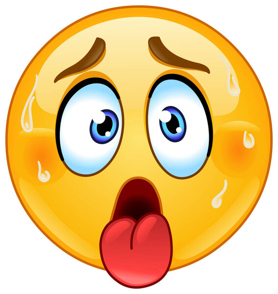 Горячее смайлик смайлик с каплями пота, язык наружу, и промытое выражение лица