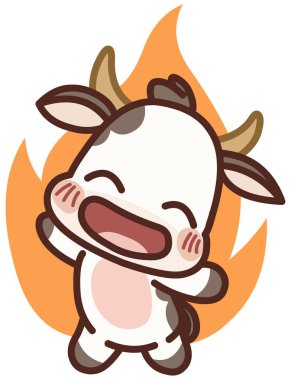 Kawaii tarzı bir inek, neşeli, ateşli bir ifadeyle, geniş bir alevli arka plan, enerji, kararlılık veya heyecan ile çevrili, kızaran ve gülümseyen