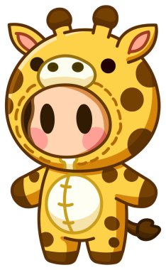 Yanakları kızaran zürafa kostümlü şirin bir çocuk.