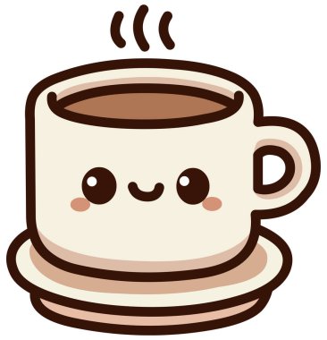 Gülümseyen kawaii fincanı sıcak kahve ve üstünde buharlı bir kokulu çay tabağı.