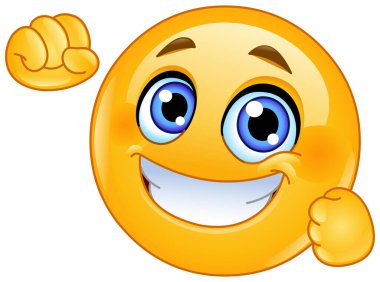 Büyük bir gülümseme ile mutlu emoji simgesi ve heyecan ve başarı ifade eden yumruklar.