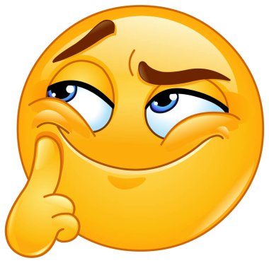 Emoji yüz ifadeleri sinsi bir sırıtışla, kaşlarını kaldırmış, ve bir parmak yanağında dinleniyor, yaramazlık yapıyor, entrikalar çeviriyor ya da düşünüyor.