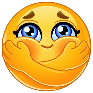 Sevimli emoji simgesi sıcak, utangaç bir gülümseme ve kızarmış yanaklarla kendine sarılıyor.