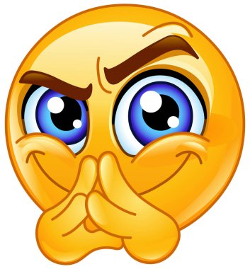 Emoji emoticon muzip bir sırıtışla, parmaklarıyla komplo kuruyor ve kaşlarını kaldırıyor, sinsi ya da sinsi niyetini gösteriyor.