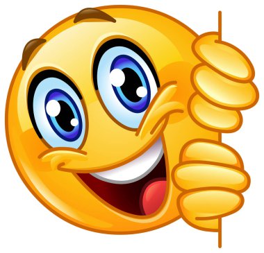 Şakacı emoji emojisi kocaman bir gülümsemeyle duvarın arkasından gözetliyor.