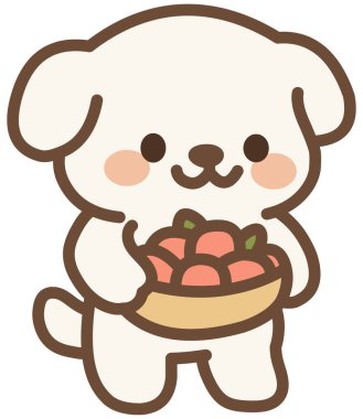 Tatlı beyaz köpek, meyve kasesi taşıyor.