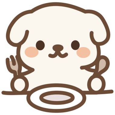 Masada çatal ve kaşıkla oturan sevimli beyaz köpek yavrusu, yemeğe hazırlanıyor.