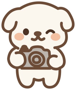 Kameralı şirin beyaz köpek yavrusu ve göz kırpıyor.