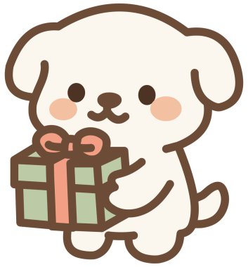 Şirin beyaz köpek elinde fiyonklu bir hediye kutusu tutuyor.