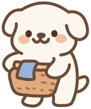 Çamaşır sepetini tutan şirin beyaz köpek yavrusu.