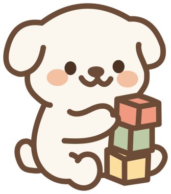 Renkli oyuncak bloklarıyla oynayan sevimli beyaz köpek yavrusu.