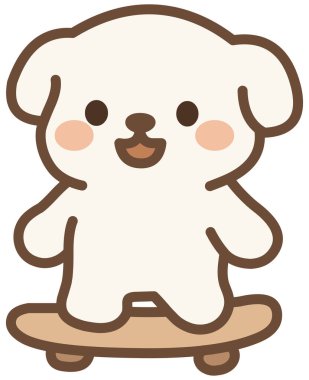 Mutlu bir ifadeyle kaykay süren sevimli beyaz köpek yavrusu.