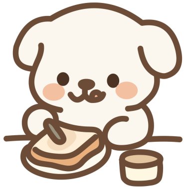 Tatlı beyaz köpek masada bir tostun üzerine bir şey sürüyor.