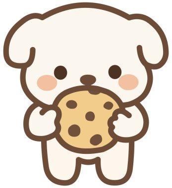 Tatlı beyaz köpek çikolatalı kurabiye yiyor.