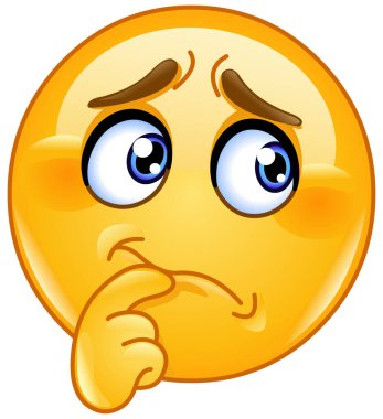 Endişeli bir ifadeyle Emoji ifadesi ve düşünme pozisyonunda bir elin ağzına dokunması.