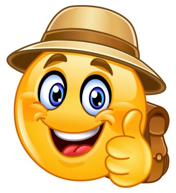 Mutlu sırt çantalı emoji emojisi başparmağından vazgeçiyor, safari şapkası takıyor ve seyahat çantası taşıyor.