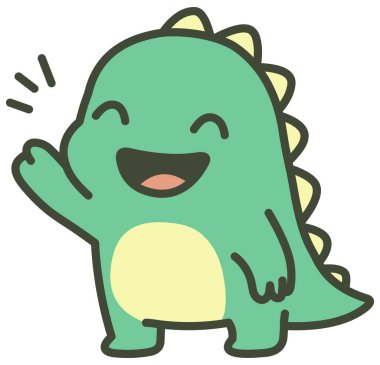 Neşeli yeşil dinozor mutlu bir şekilde el sallıyor, kocaman bir gülümsemeyle selam veriyor.