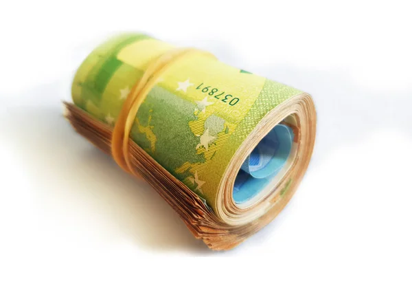 Eurobankjegyek Tekercse Fehér Alapon — Stock Fotó