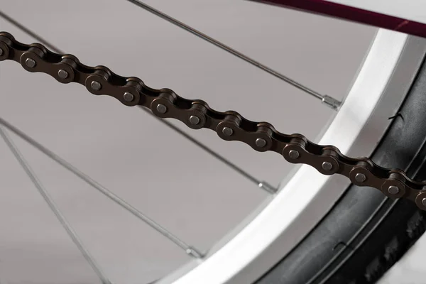 Front bicycle wheel. Close-up. Isolated on light gray background.