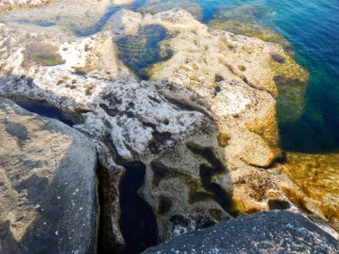 Hazar Denizi 'nin kayalık kıyısı. Sagyndyk Burnu. Kazakistan. Mangistau bölgesi. 13 Haziran 2023.