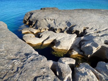 Hazar Denizi 'nin kayalık kıyısı. Sagyndyk Burnu. Kazakistan. Mangistau bölgesi. 13 Haziran 2023.