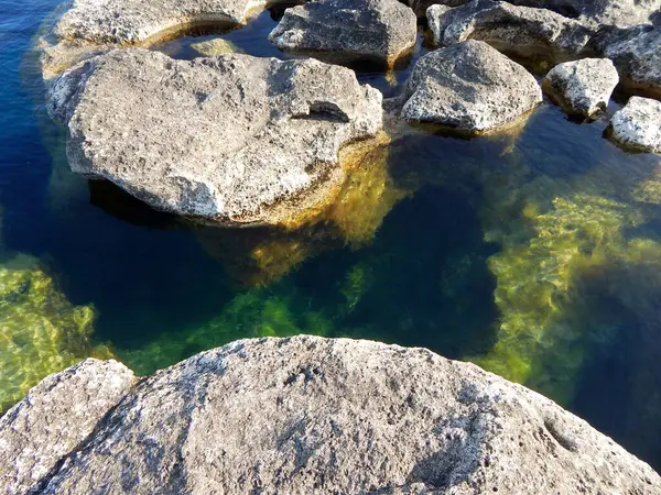 Hazar Denizi 'nin kayalık kıyısı. Sagyndyk Burnu. Kazakistan. Mangistau bölgesi. 13 Haziran 2023.