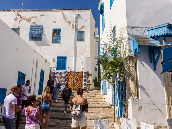 Sidi Bou Said Cartago Tunísia Agosto 2022 Pessoas Caminhando Centro — Fotografia de Stock