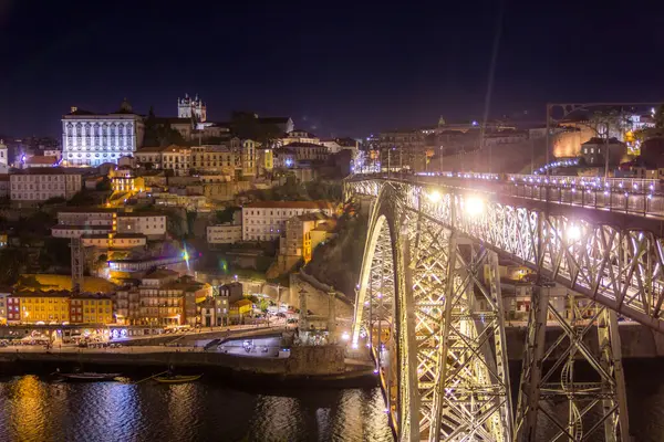 Widok Nocny Ribeirę Most Dom Luis Rzekę Douro Porto Portugalia — Zdjęcie stockowe