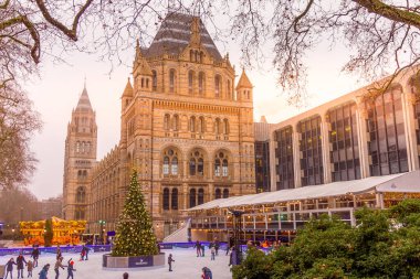 Londra, İngiltere - 17 Aralık 2016: Doğal Tarih Müzesi 'nin yanındaki Noel buz pateni pistinde insanlar. Ünlü müze, tatil dekorasyonu ve cazibesi olan çeşitli şehir merkezlerinden biridir..