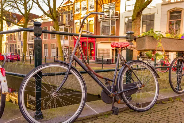 Gouda, Hollanda 'da bir kanalda bisikletler.