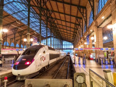 Paris, Fransa - 06 Mart 2023: Gare du Nord istasyonunun platformlarında inen trenler. Paris 'teki yedi büyük tren istasyonundan biridir..
