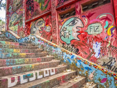 Sao Paulo, Brezilya - 27 Şubat 2024: Vila Madalena bölgesinin duvarlarında sanat çalışmaları. Bölge, sokaklardaki yoğun grafiti yoğunluğu nedeniyle popüler..
