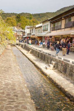 Miyajima Adası, Japonya - 13 Nisan 2019: İnsanlar ilkbaharda bir kanalda yürüyorlar. Ada, sokaklarda özgürce dolaşan birkaç tapınağı ve geyiği ile ünlüdür..