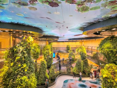 Singapur, Singapur - 30 Ağustos 2024: Singapur Changi Havaalanı 'nda yüksek teknolojili dekorasyon. Terminallerin üçü Jewel Changi Havalimanı olarak bilinen bir eğlence ve perakende kompleksine bağlı..