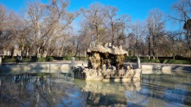 Madrid, İspanya - 05 Şubat 2023: Retiro Parkı 'nda yürüyen insanlar. Burası Alfonso XII anıtına ev sahipliği yapıyor..