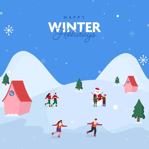 Happy Winter Holidays Poster Design Con Albero Natale Casa Persone — Vettoriale Stock