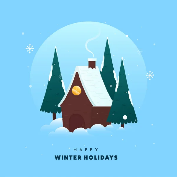 寒假快乐贴纸设计雪衣雪屋蓝雪背景下的树 — 图库矢量图片