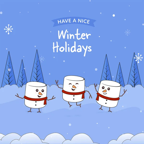 冬季假期海报设计与滑稽棉花糖在蓝雪树背景下起舞 — 图库矢量图片