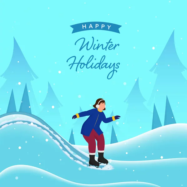 冬季自然背景与无脸少女在冰上滑冰共度佳节的概念 — 图库矢量图片