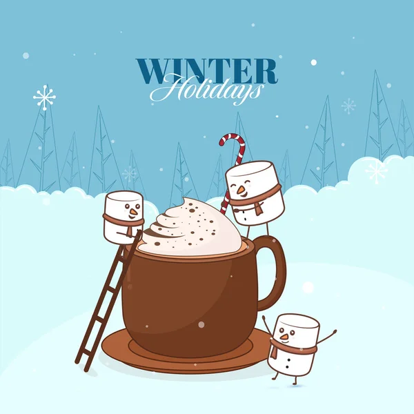 Zimní Dovolená Pozadí Karikaturou Marshmallow Cukrová Třtina Šlehačka Kakao Pohár — Stockový vektor