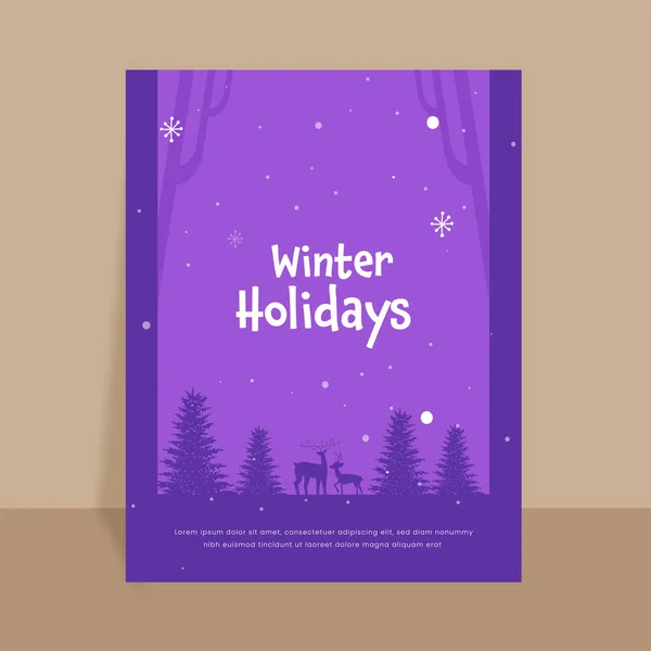 Winter Holidays Flyer Design Silhouette Reindeer Spruce Xmas Tree Snowfall — 스톡 벡터