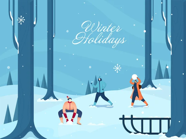 Winter Holidays Poster Design Mit Cartoon Menschen Halten Schneebälle Vor — Stockvektor